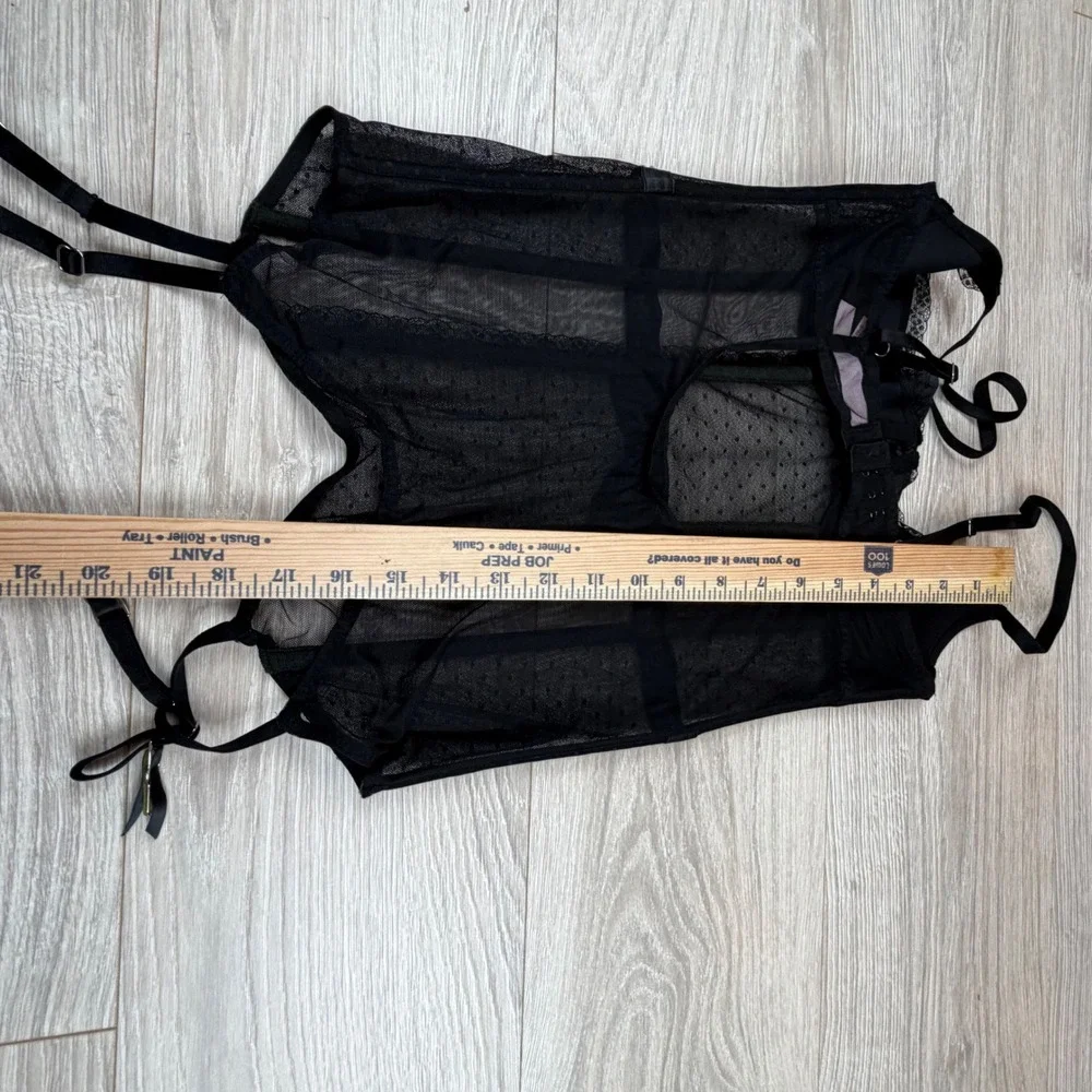 Victoria's Secret Black Sheer Rhinestone Bow Corset Bustier Garter Lingerie Sz M